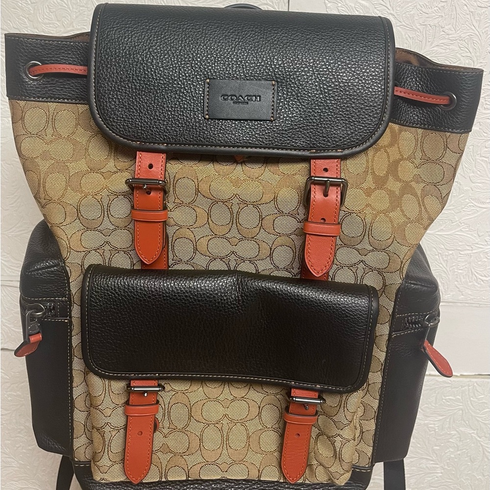 Coach Unisex Black and Brown Backpack with orange  Accents